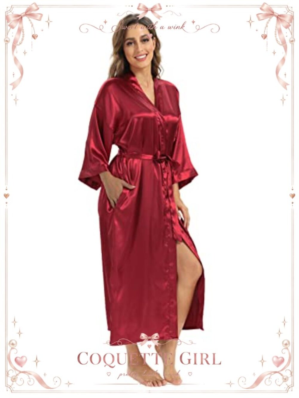 Long Satin Kimono Robe with Pockets - Picture 3 of 5